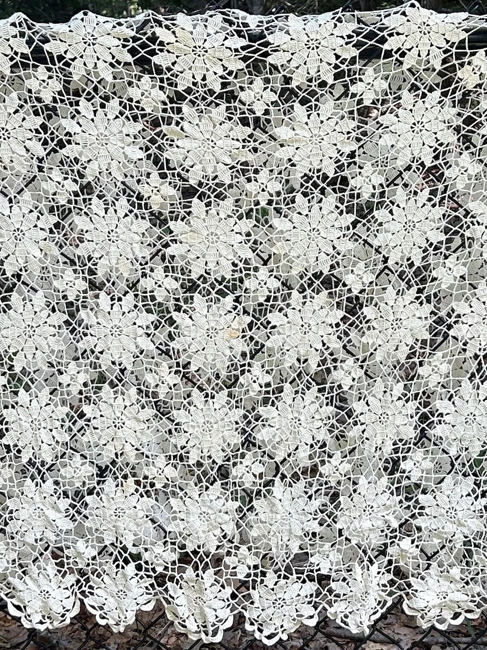 Vintage Handmade Crochet Lace Tablecloth Cream floral Starburst 65x70 MCM 1950s